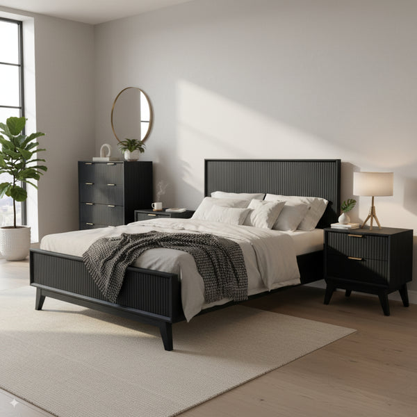 Matilda 4pc Queen Bed Suite Bedside Tallboy Frame Set Black