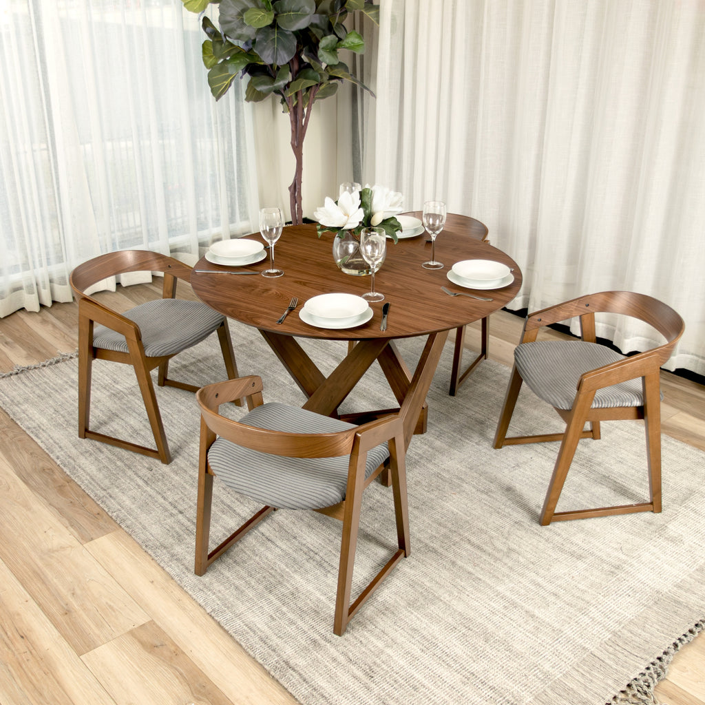 Mattia 5pc 120cm Round Dining Table Set Grey Fabric Seat Chair Walnut