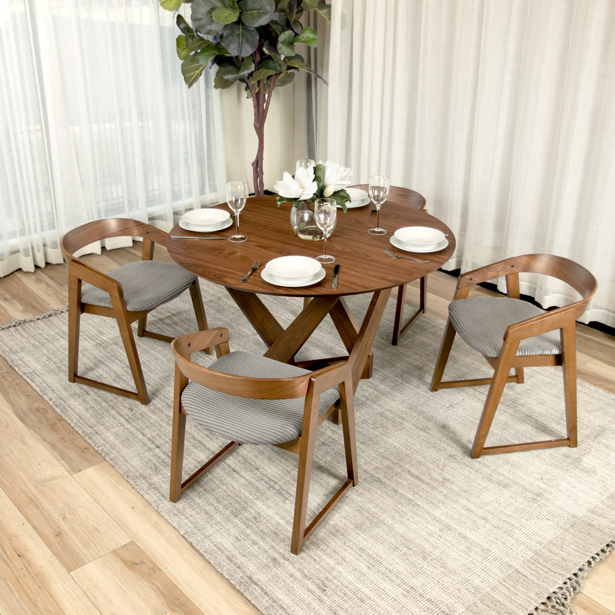 Mattia 5pc 120cm Round Dining Table Set Grey Fabric Seat Chair Walnut