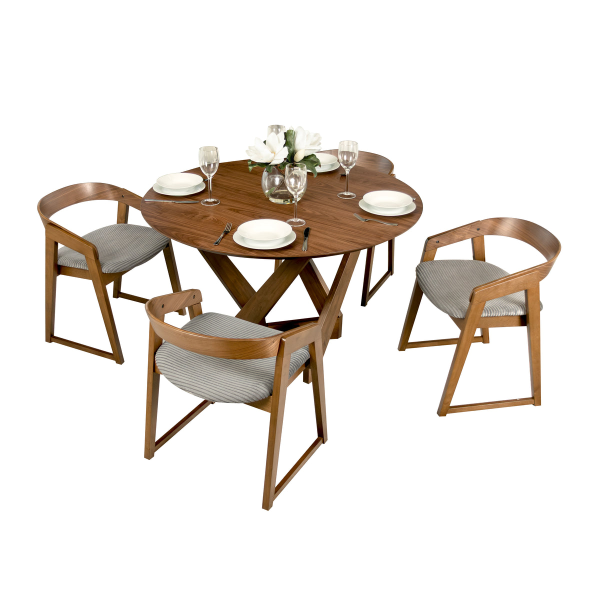 Mattia 5pc 120cm Round Dining Table Set Grey Fabric Seat Chair Walnut