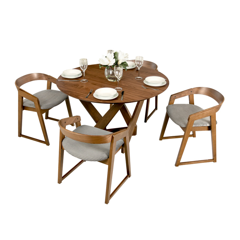 Mattia 5pc 120cm Round Dining Table Set Grey Fabric Seat Chair Walnut