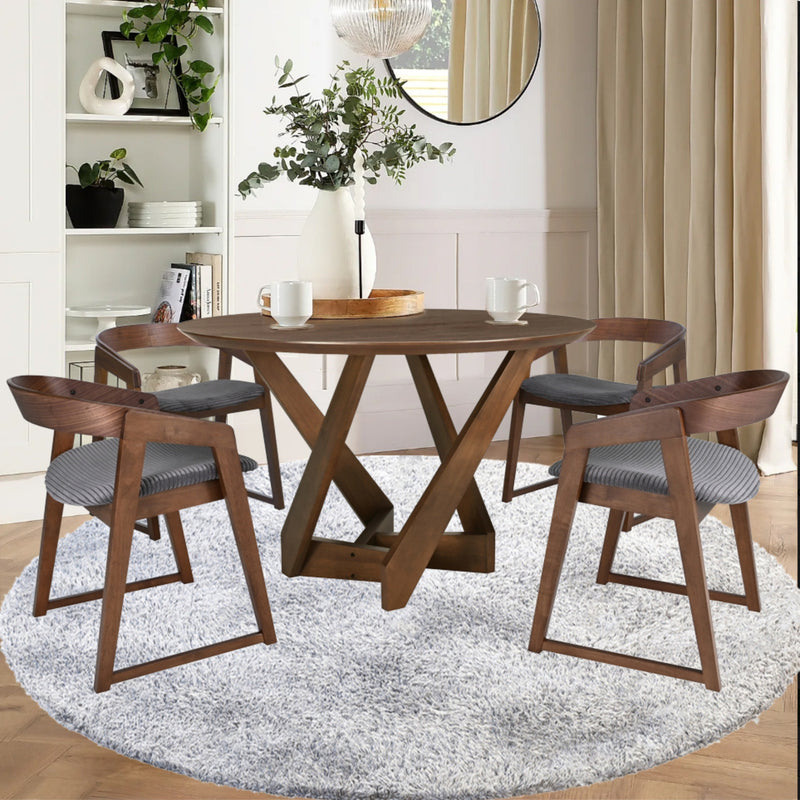 Mattia 5pc 120cm Round Dining Table Set Grey Fabric Seat Chair Walnut