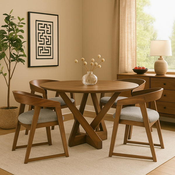 Mattia 5pc 120cm Round Dining Table Set Grey Fabric Seat Chair Walnut