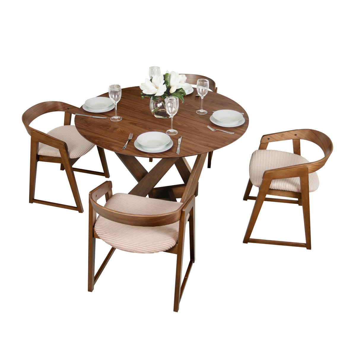Mattia 5pc 120cm Round Dining Table Set Mauve Pink Fabric Seat Chair Walnut