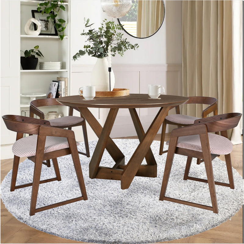 Mattia 5pc 120cm Round Dining Table Set Mauve Pink Fabric Seat Chair Walnut