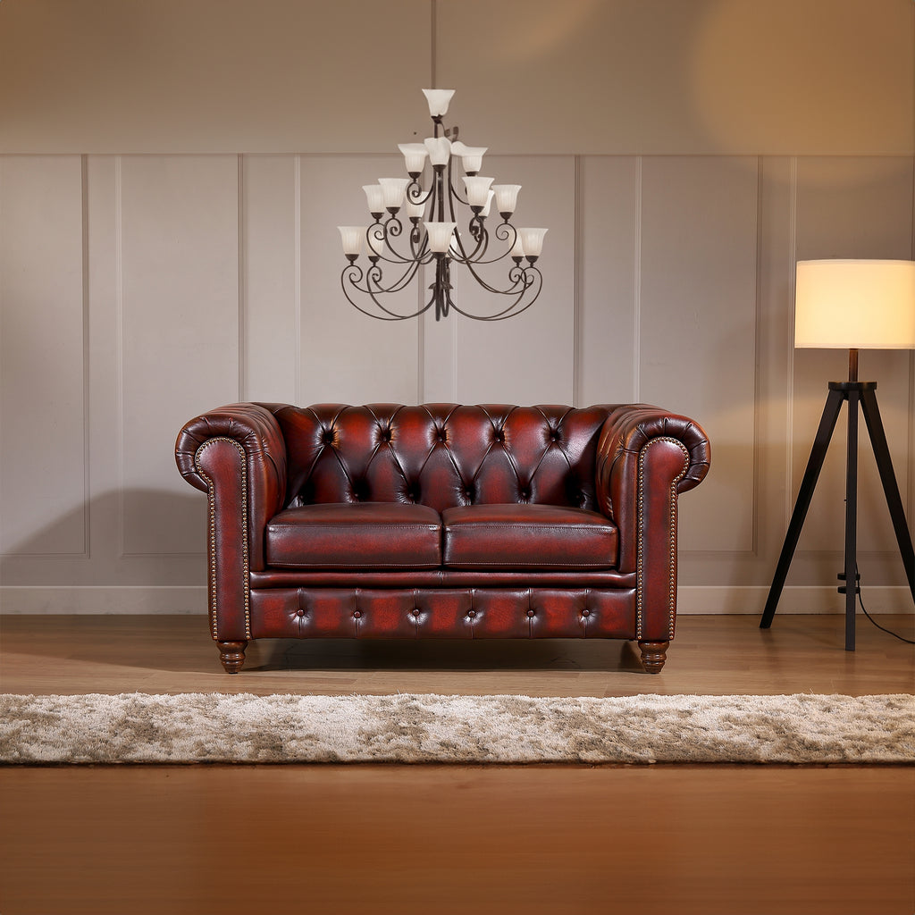 Max Chesterfield Leather Sofa 2 Seater Antique Red