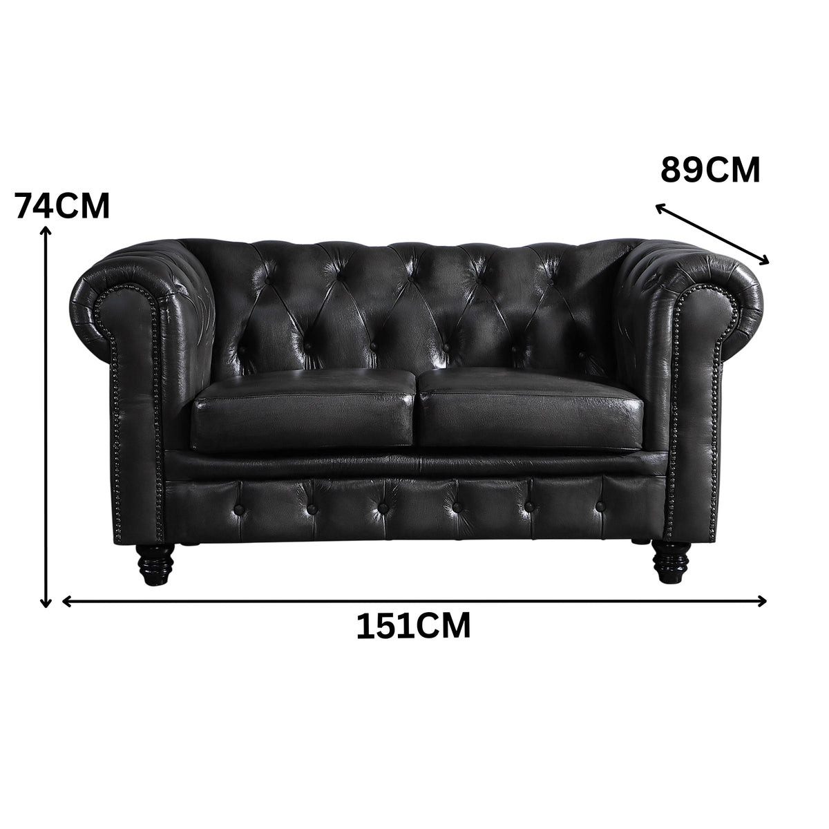 Max Chesterfield 2 Seater Sofa Lounge Genuine Leather Dark Grey