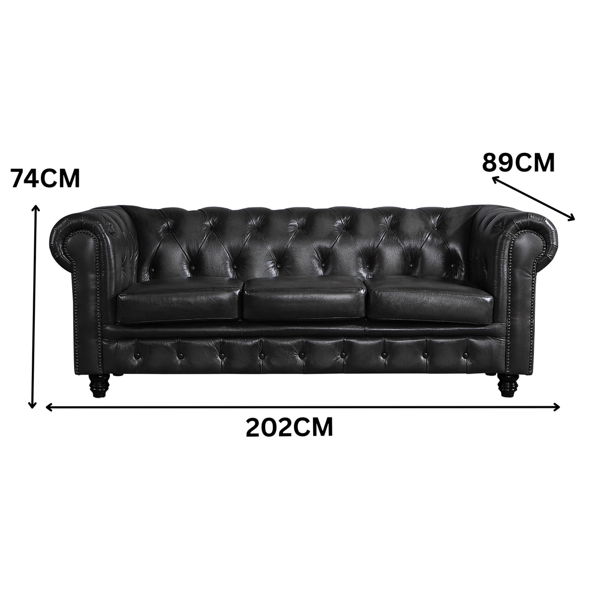 Max Chesterfield 3 Seater Sofa Lounge Genuine Leather Dark Grey