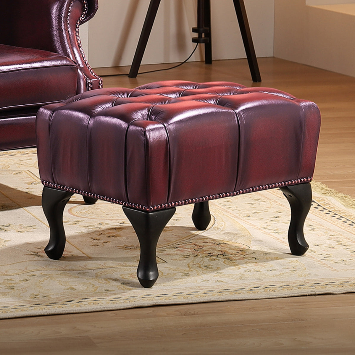 Max Chesterfield Leather Ottoman Antique Red 