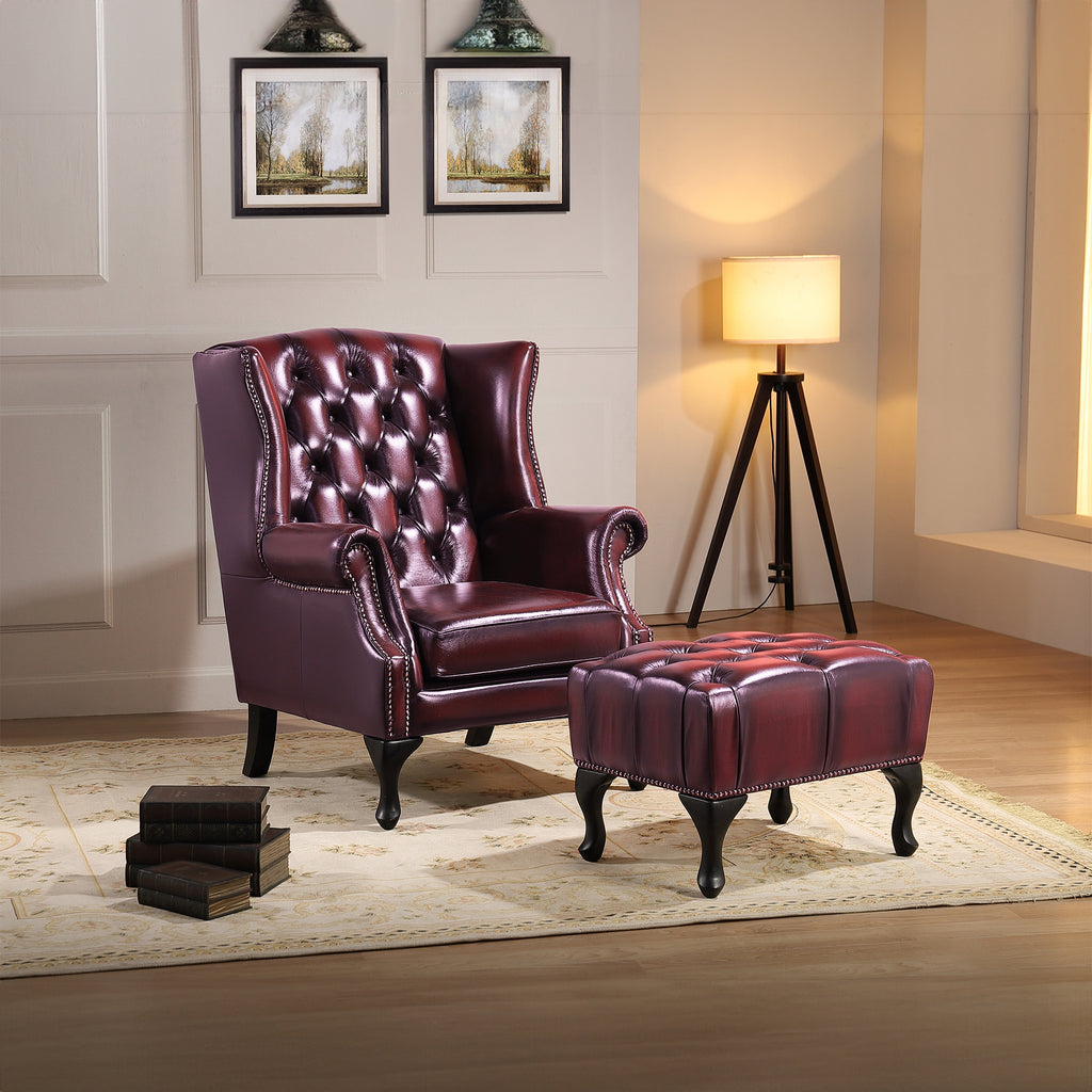 Max Chesterfield Leather Ottoman Antique Red 