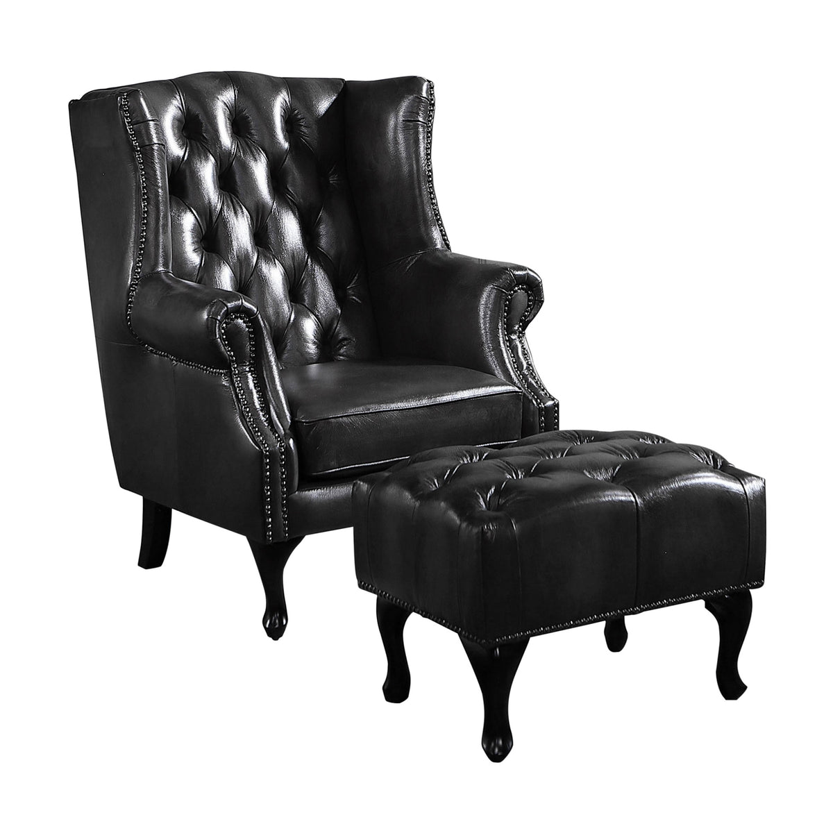 Max Chesterfield Winged Armchair Ottoman Footstool Sofa Leather Dark Grey