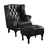 Max Chesterfield Winged Armchair Ottoman Footstool Sofa Leather Dark Grey
