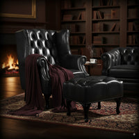 Max Chesterfield Winged Armchair Ottoman Footstool Sofa Leather Dark Grey