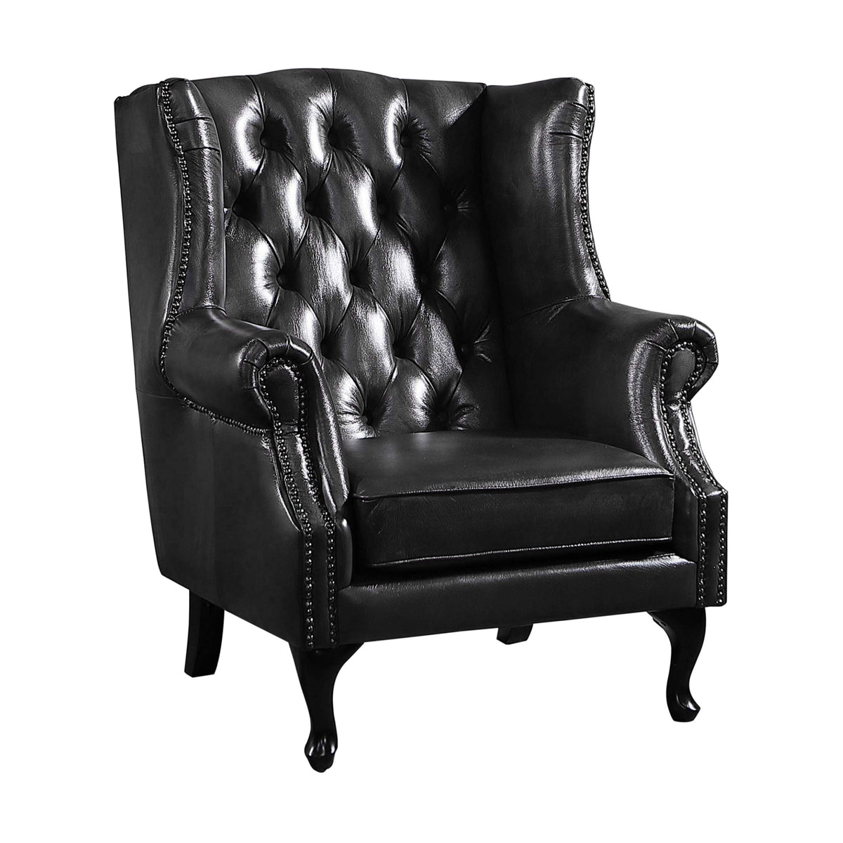 Max Chesterfield Winged Armchair Ottoman Footstool Sofa Leather Dark Grey
