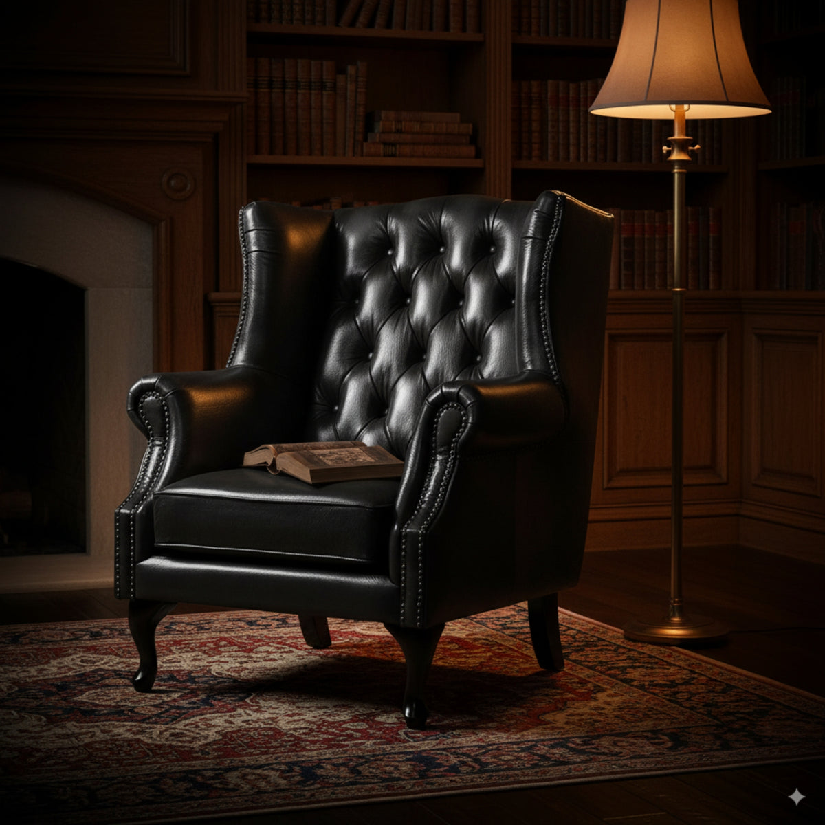 Max Chesterfield Winged Armchair Single Seater Sofa Genuine Leather Dark Grey