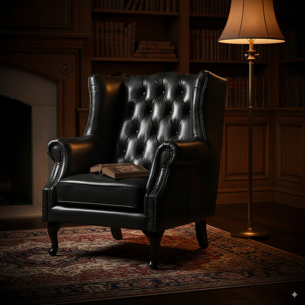 Max Chesterfield Winged Armchair Single Seater Sofa Genuine Leather Dark Grey