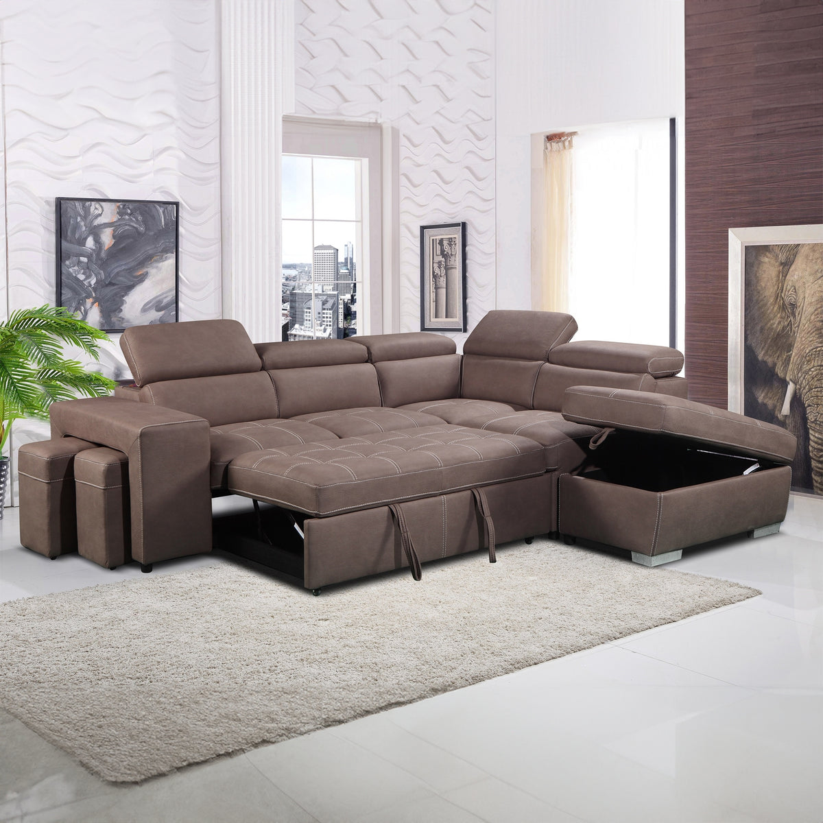 Maxis 4 Seater Corner Modular Sofa Bed Lounge RHF Chaise Storage Ottoman Brown