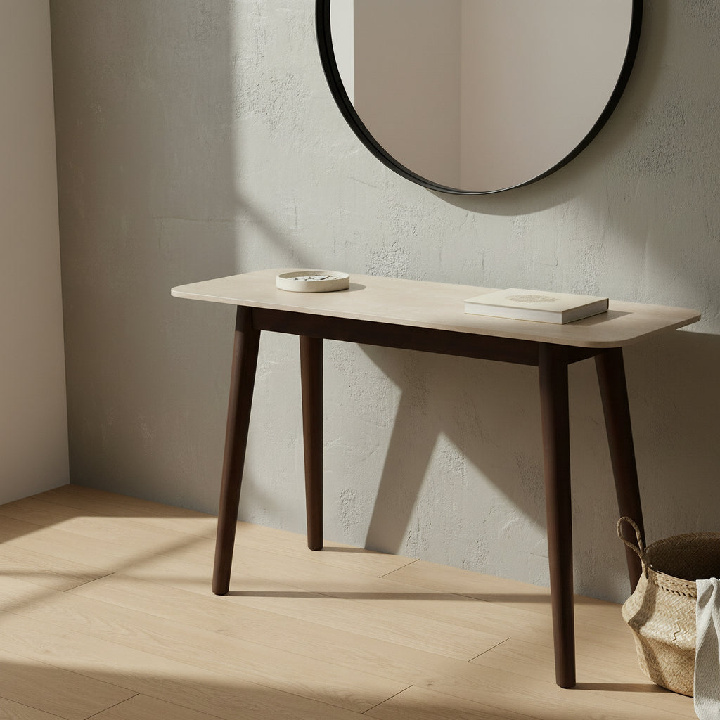Milo 120cm Console Table Sintered Stone Travertine Top Walnut