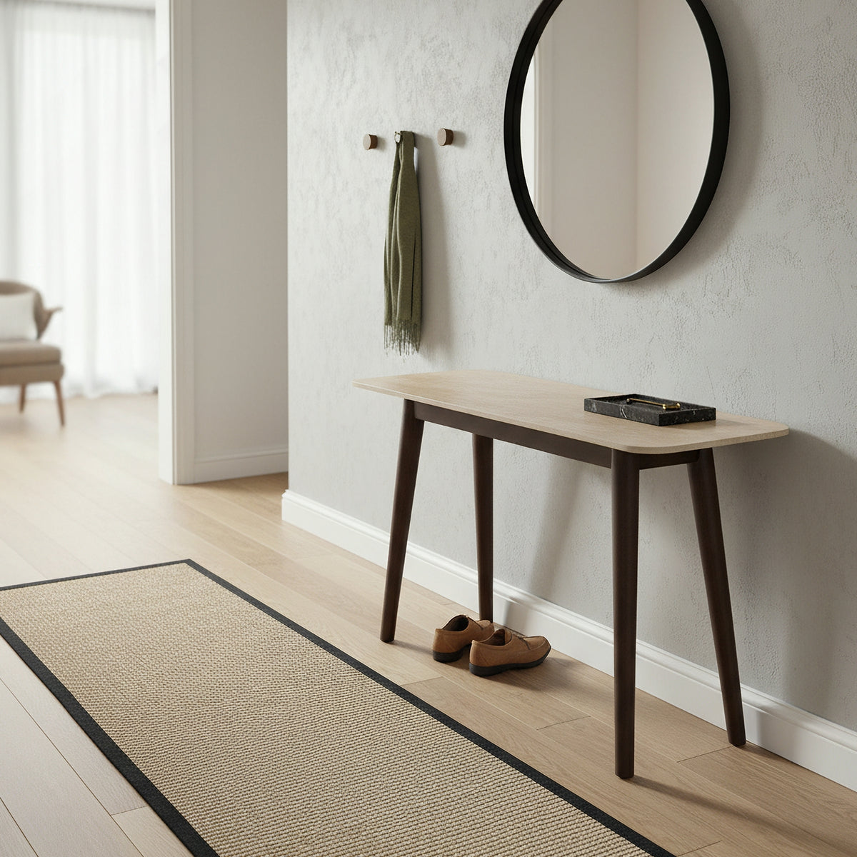 Milo 120cm Console Table Sintered Stone Travertine Top Walnut
