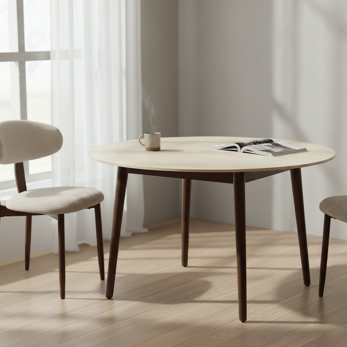 Milo 120cm Round Dining Table Sintered Stone Travertine Top Walnut