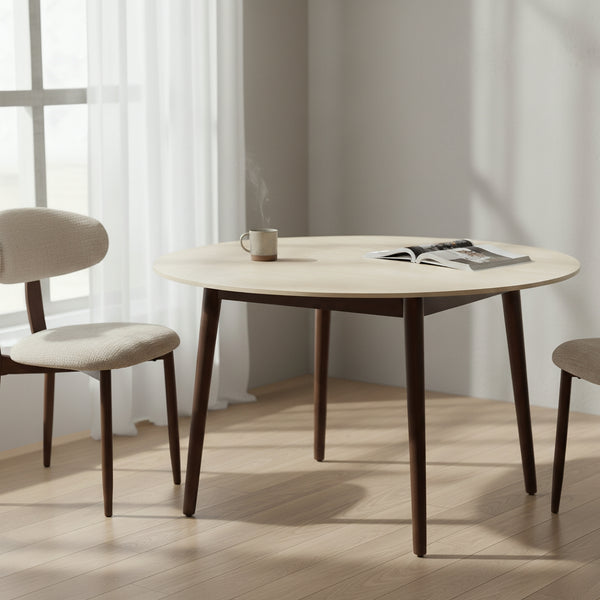Milo 120cm Round Dining Table Sintered Stone Travertine Top Walnut