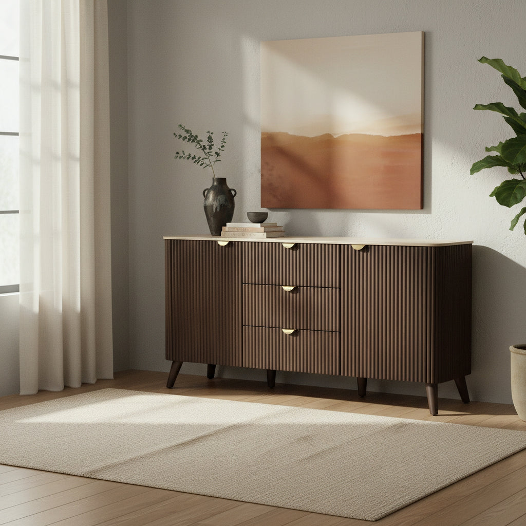 Milo 160cm Buffet Table Sintered Stone Travertine Top Walnut
