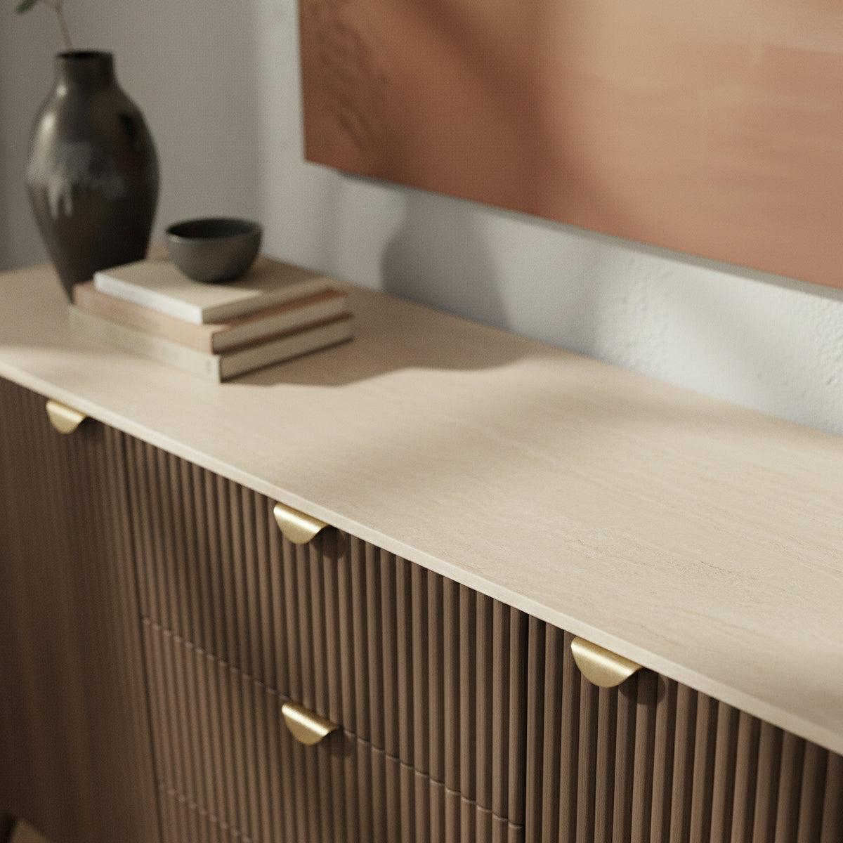 Milo 160cm Buffet Table Sintered Stone Travertine Top Walnut