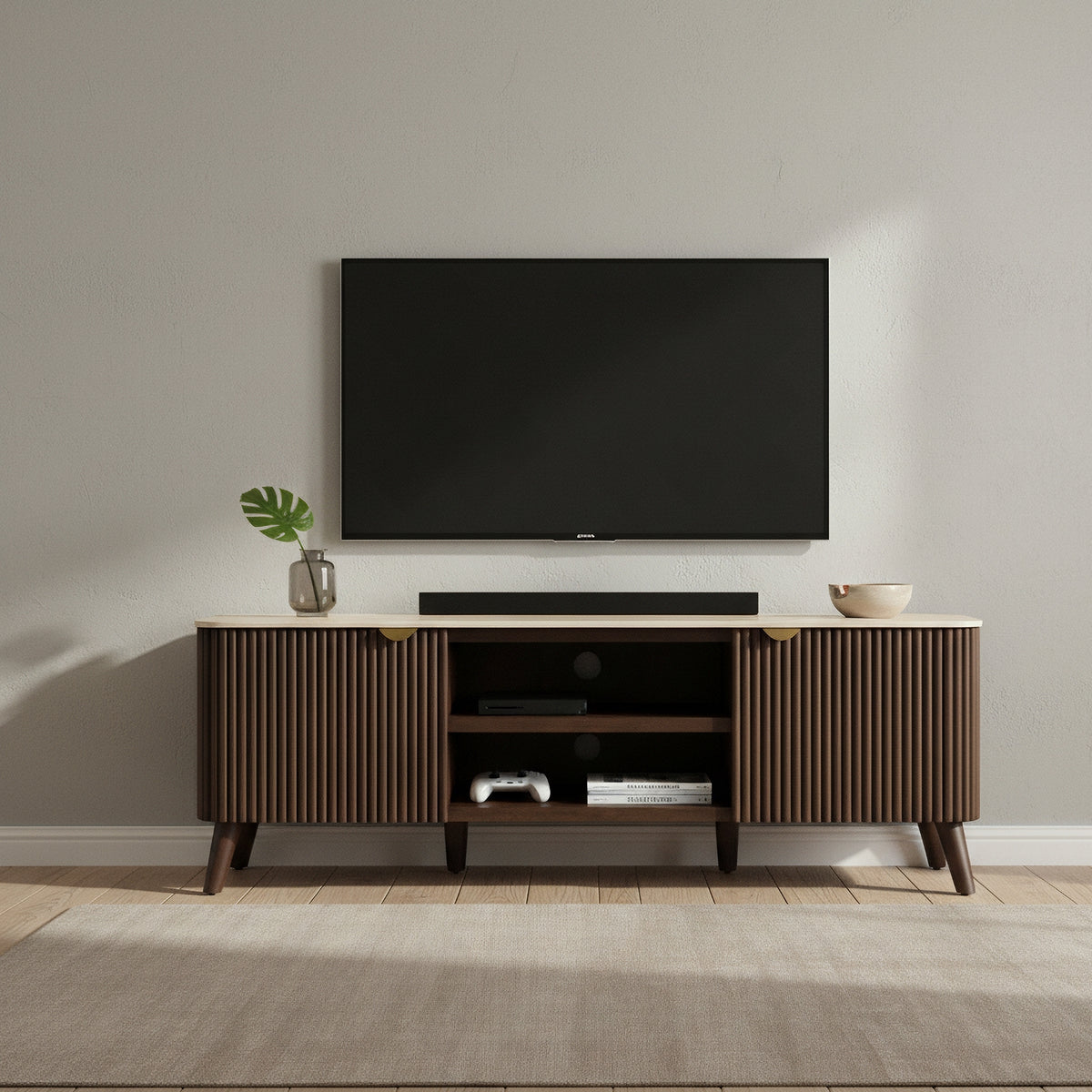 Milo 160cm ETU Entertainment TV Unit Sintered Stone Travertine Top Walnut
