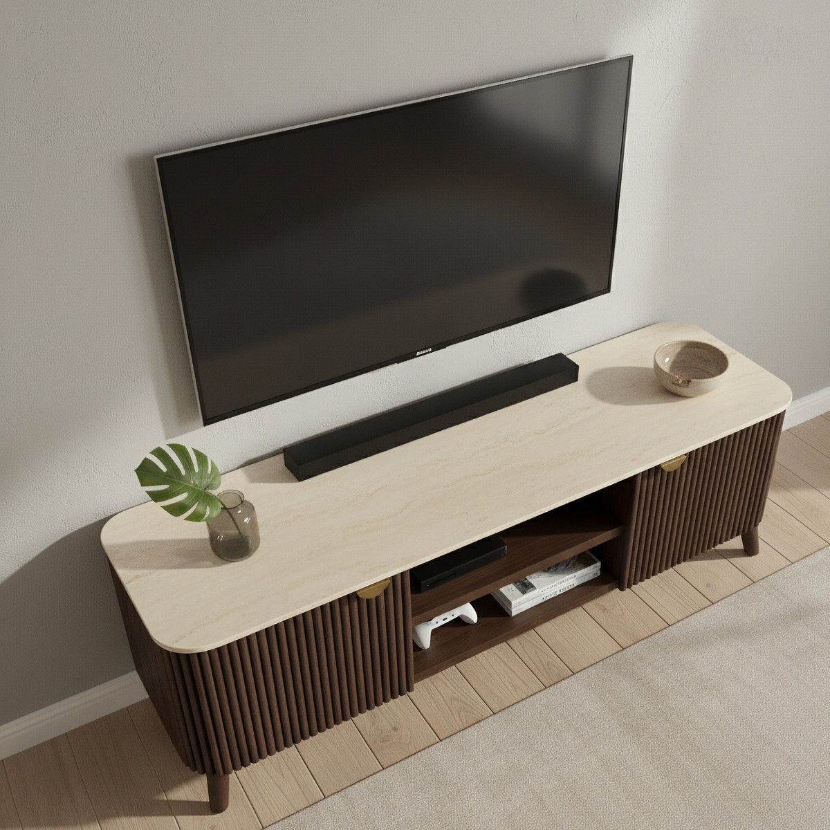 Milo 160cm ETU Entertainment TV Unit Sintered Stone Travertine Top Walnut