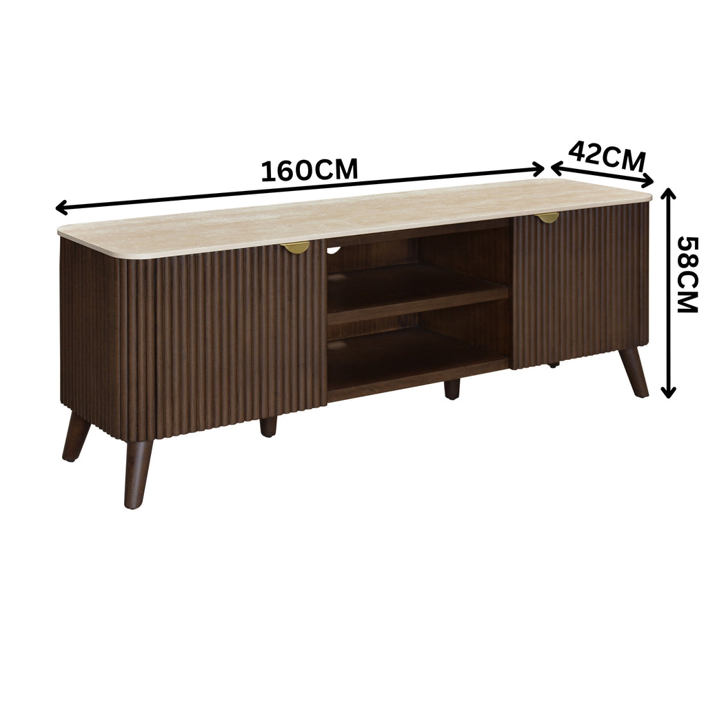 Milo 160cm ETU Entertainment TV Unit Sintered Stone Travertine Top Walnut