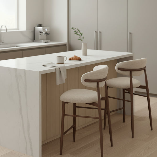 Milo 2pc Set Bar Chair Stool Fabric Seat Beige Walnut