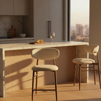 Milo 2pc Set Bar Chair Stool Fabric Seat Beige Walnut