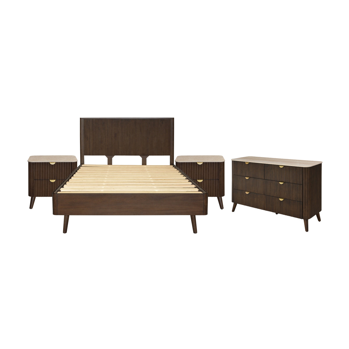Milo 4pc Bedroom Set King Bed Frame Bedside Dresser Walnut