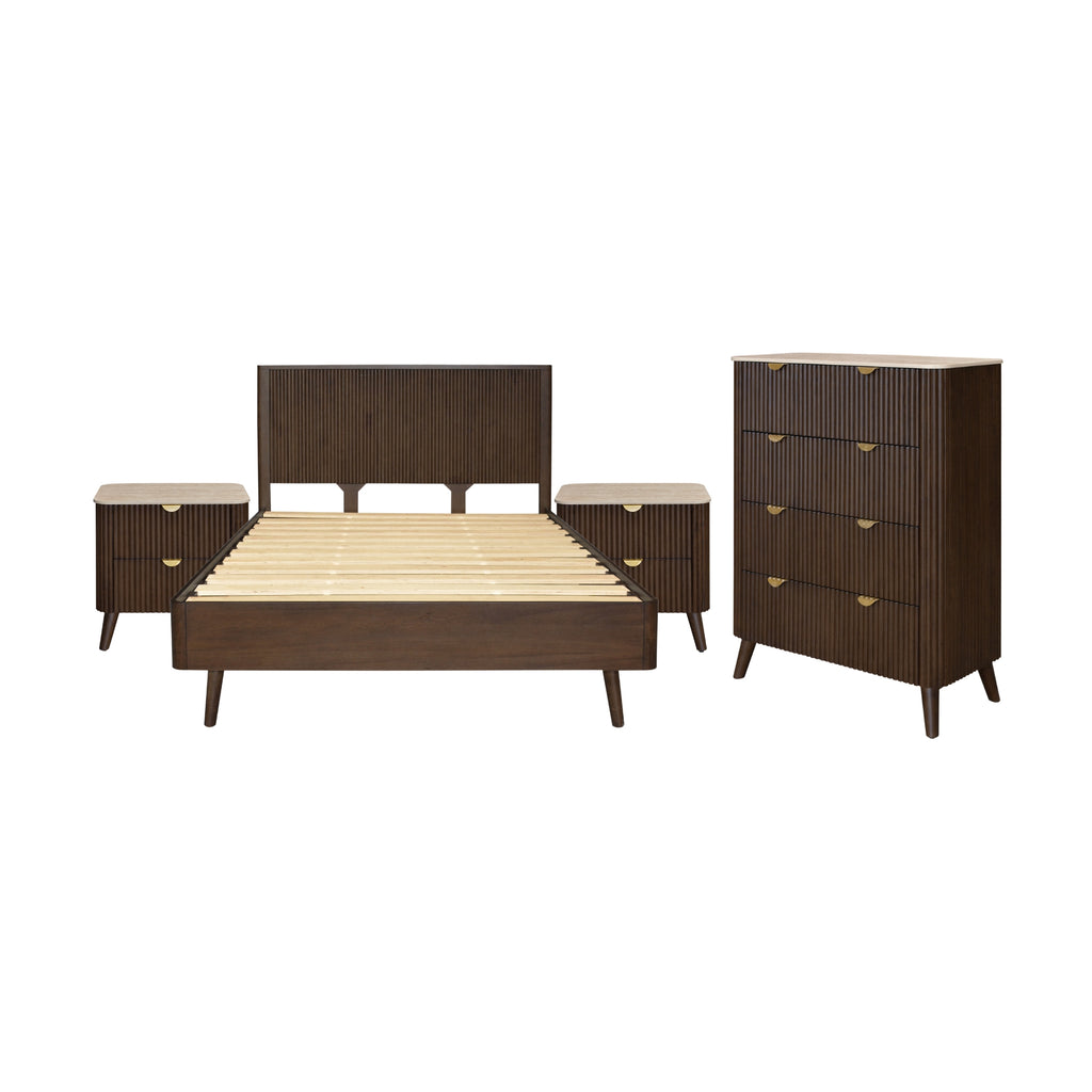 Milo 4pc Bedroom Set Queen Bed Frame Bedside Tallboy Walnut