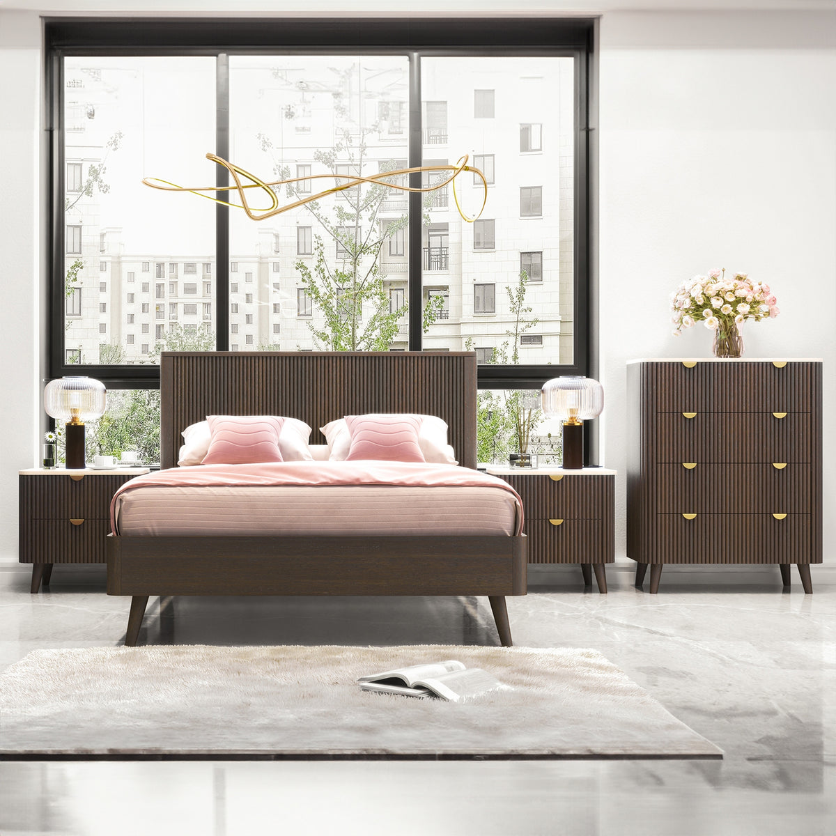 Milo 4pc Bedroom Set Queen Bed Frame Bedside Tallboy Walnut