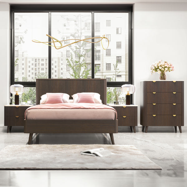 Milo 4pc Bedroom Set Queen Bed Frame Bedside Tallboy Walnut