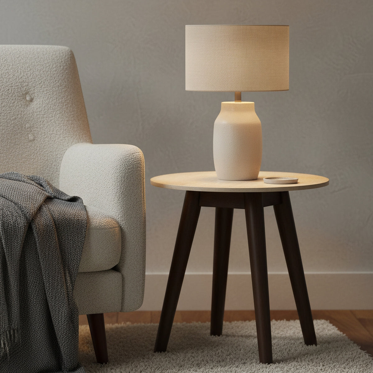 Milo 50cm Round Lamp Table Sintered Stone Travertine Top Walnut