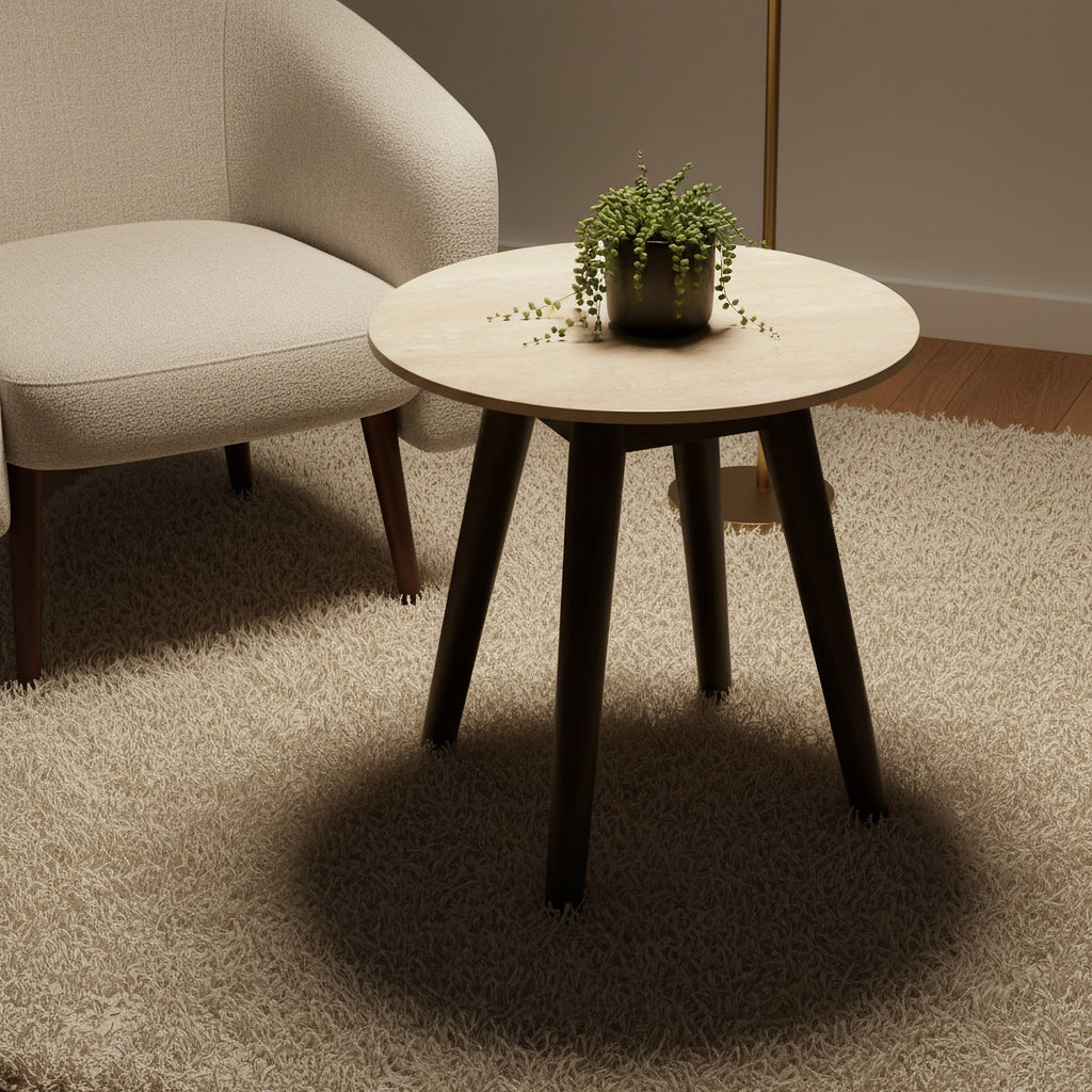 Milo 50cm Round Lamp Table Sintered Stone Travertine Top Walnut
