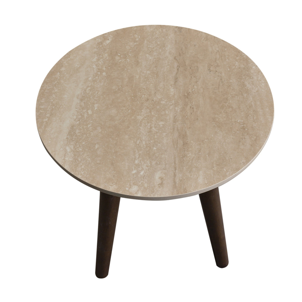 Milo 50cm Round Lamp Table Sintered Stone Travertine Top Walnut
