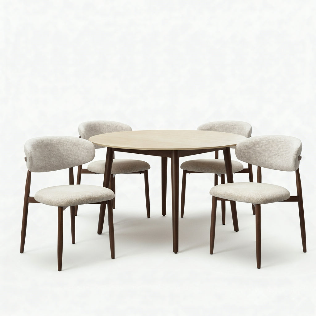 Milo 5pc Dining Set 120cm Round Table Sintered Stone Top Beige Chair Walnut