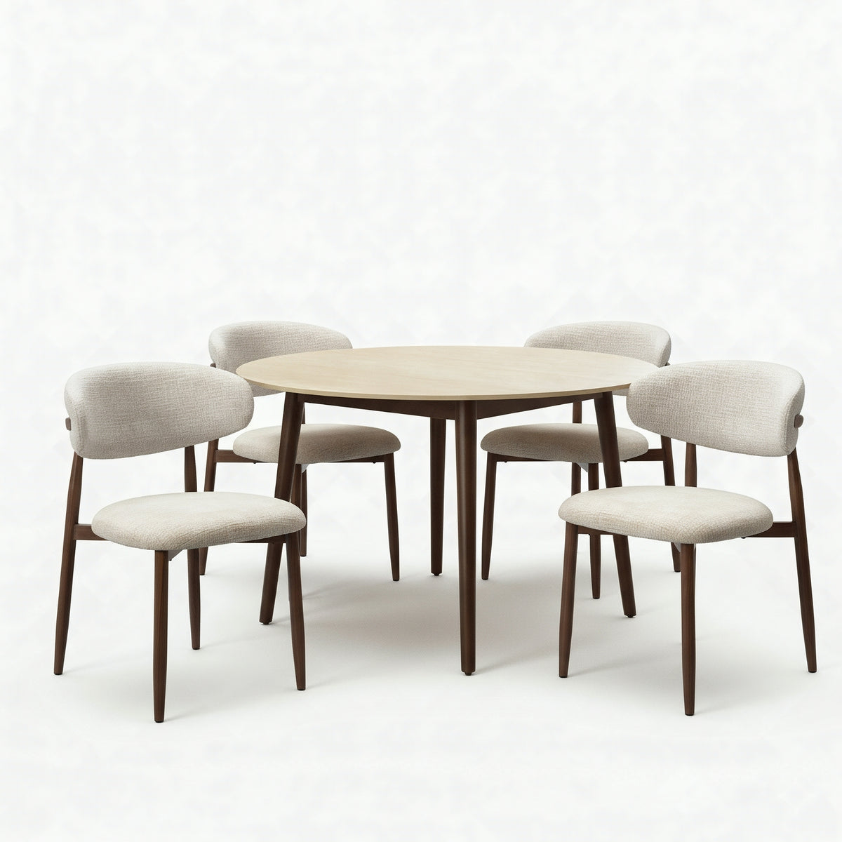 Milo 5pc Dining Set 120cm Round Table Sintered Stone Top Beige Chair Walnut