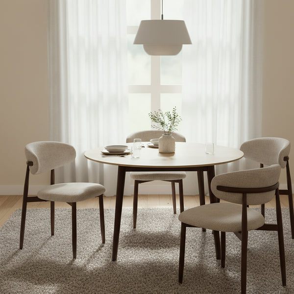 Milo 5pc Dining Set 120cm Round Table Sintered Stone Top Beige Chair Walnut