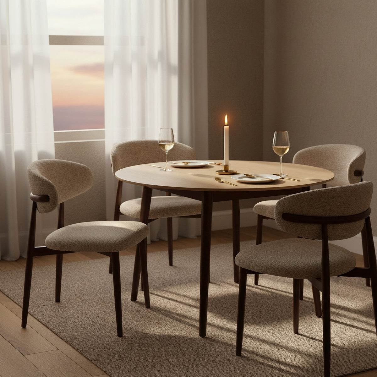 Milo 5pc Dining Set 120cm Round Table Sintered Stone Top Beige Chair Walnut
