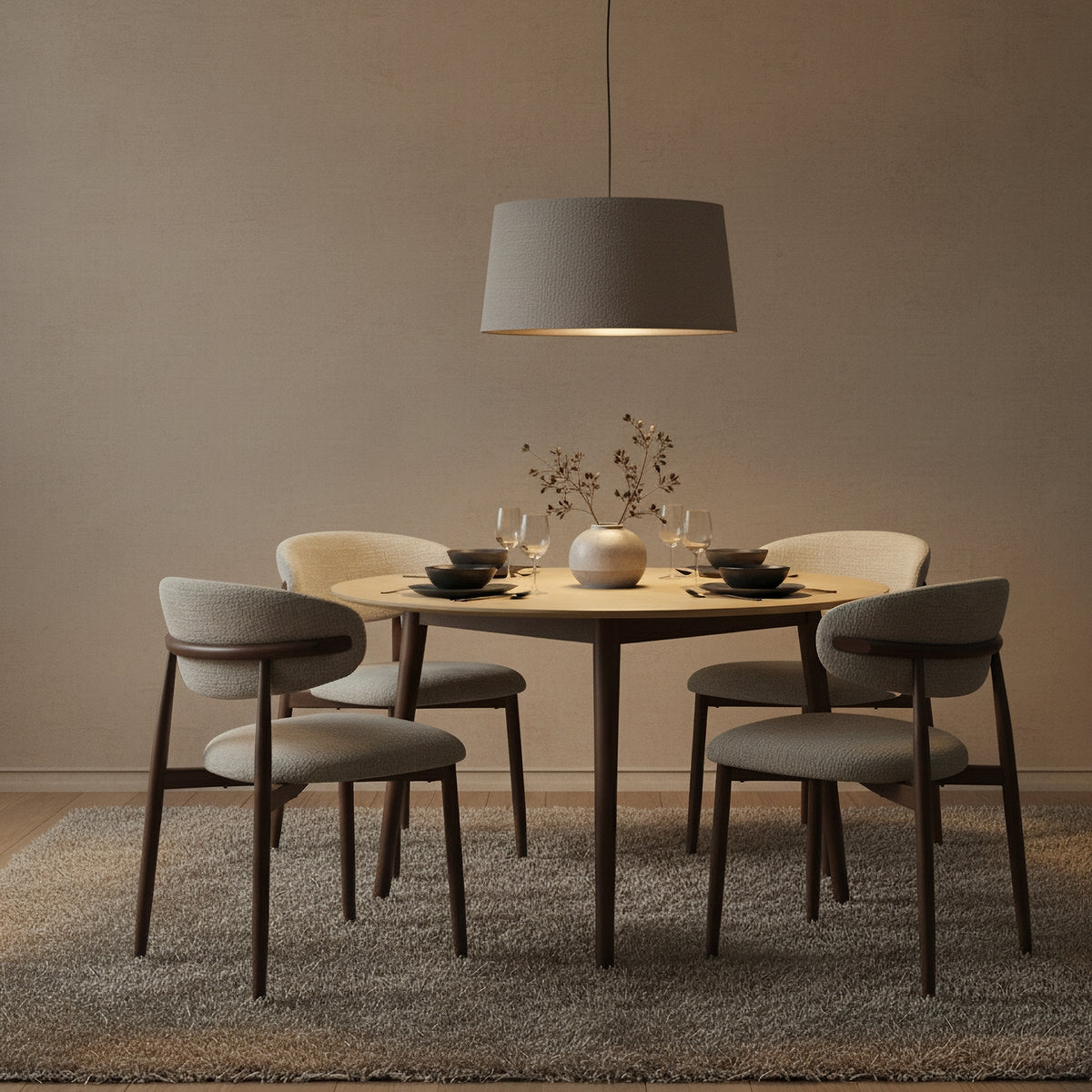 Milo 5pc Dining Set 120cm Round Table Sintered Stone Top Beige Chair Walnut