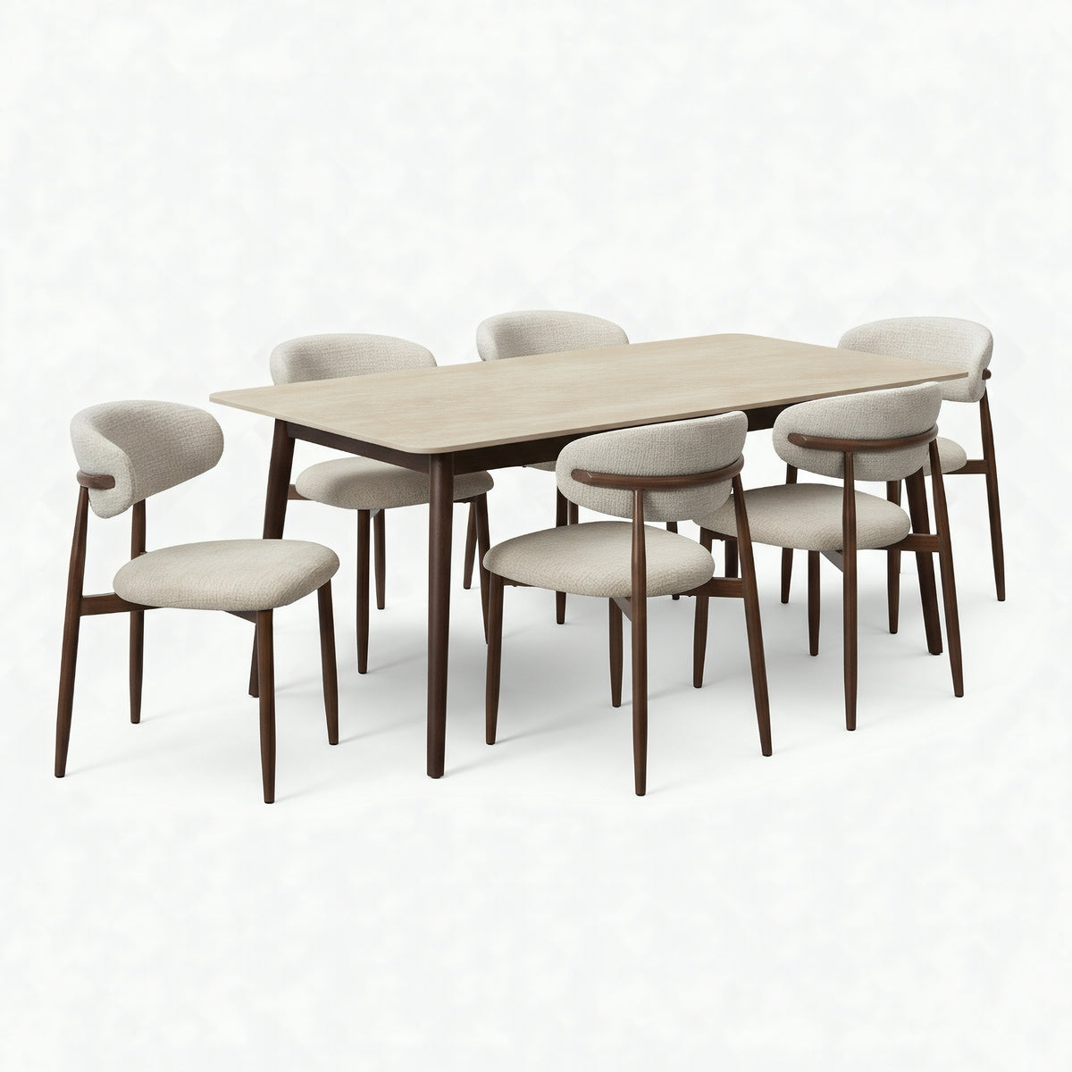 Milo 7pc Dining Set 180cm Table Sintered Stone Top Beige Chair Walnut