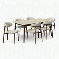 Milo 7pc Dining Set 180cm Table Sintered Stone Top Beige Chair Walnut