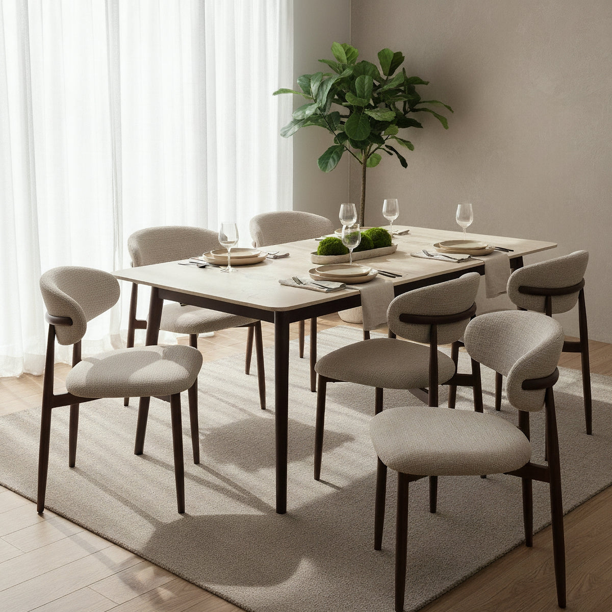 Milo 7pc Dining Set 180cm Table Sintered Stone Top Beige Chair Walnut