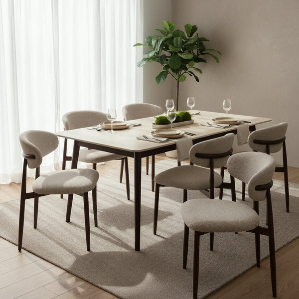 Milo 7pc Dining Set 180cm Table Sintered Stone Top Beige Chair Walnut