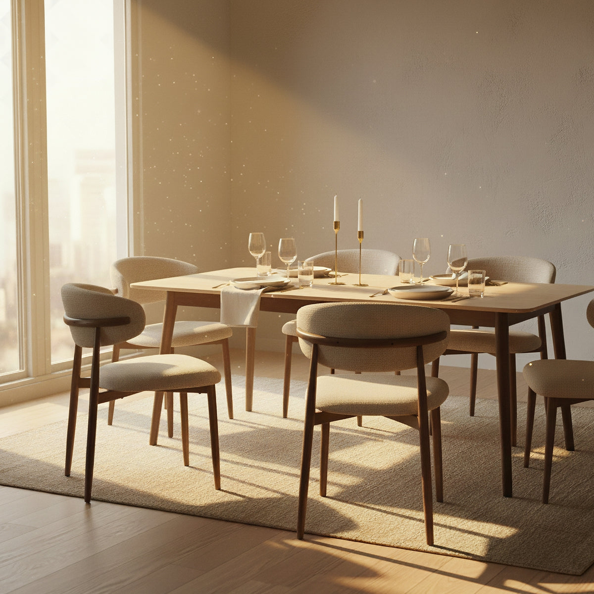 Milo 7pc Dining Set 180cm Table Sintered Stone Top Beige Chair Walnut