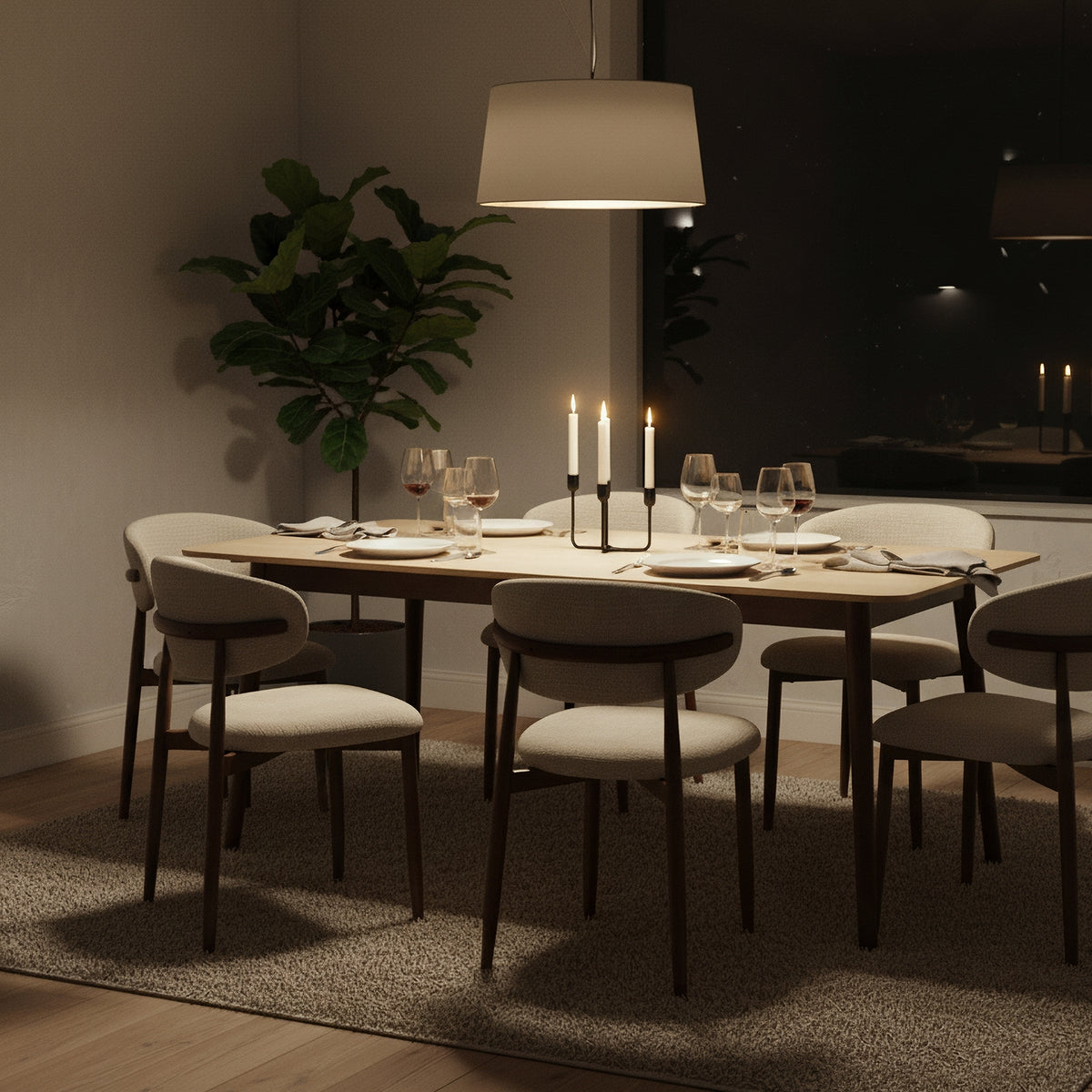 Milo 7pc Dining Set 180cm Table Sintered Stone Top Beige Chair Walnut